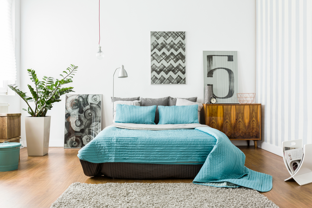 Large open space bedroom with bed in the middle