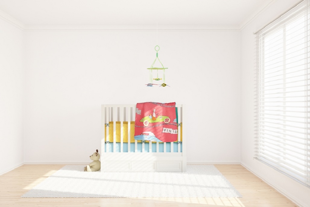 Child's cot in the middle of the room